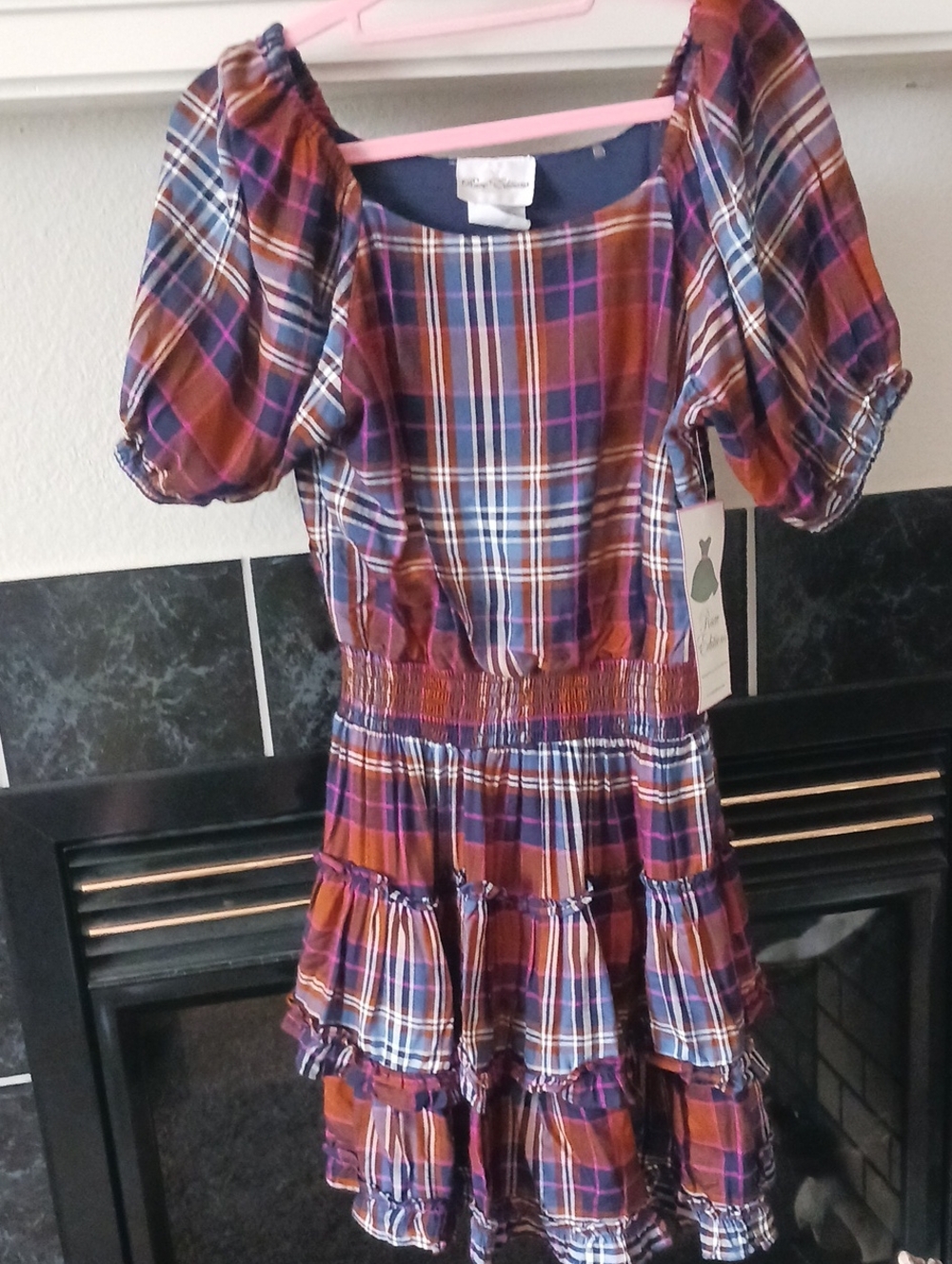 Rare Editions Plaid Tiered Dress in Purple, Orange, Navy